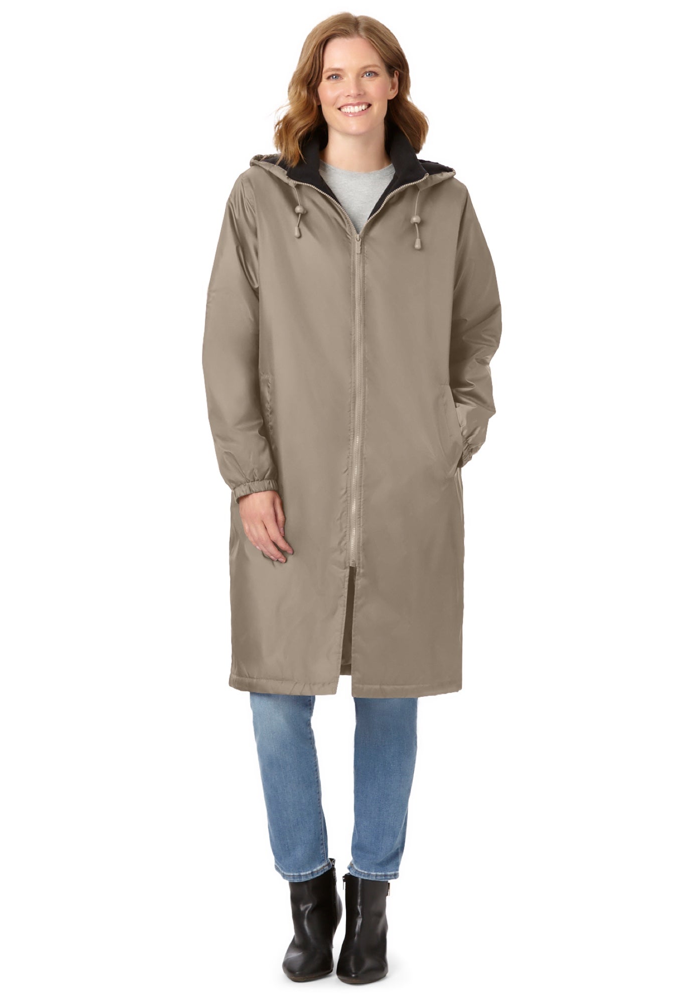 Mid-Length Fleece-Lined Raincoat with Zip-Off Hood image number 0