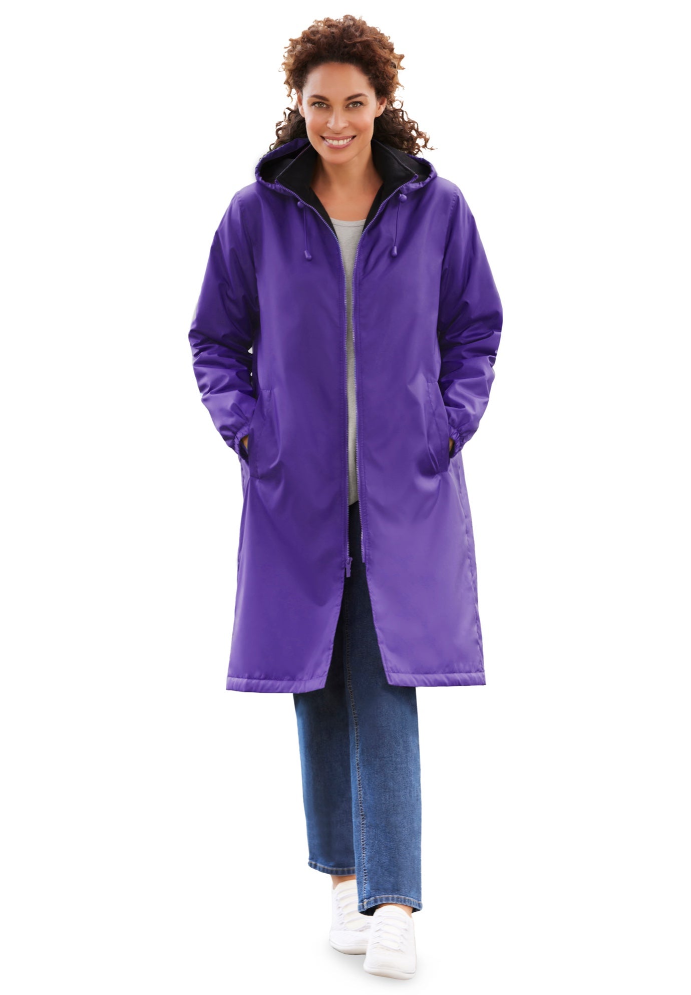 Mid-Length Fleece-Lined Raincoat with Zip-Off Hood image number 0