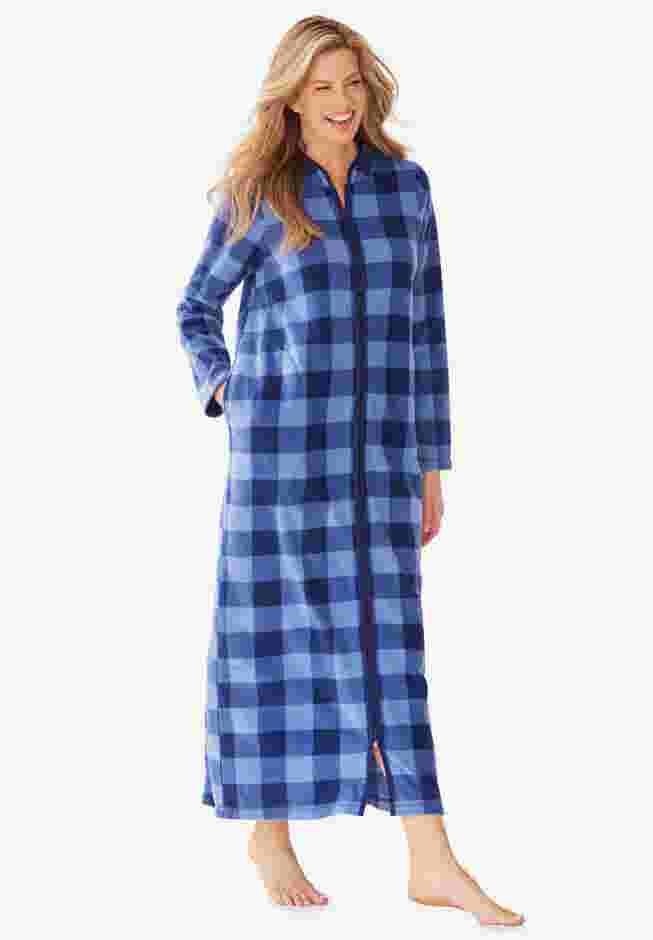 Cozy Microfleece Robe with Pockets, French Blue Buffalo Plaid | Woman ...