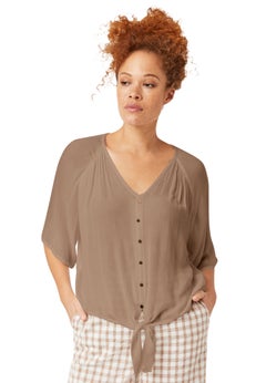 V-Neck Crinkle Tie-Front Elbow-Sleeve Blouse