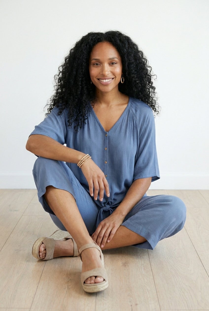 V-Neck Crinkle Tie-Front Elbow-Sleeve Blouse image number 1