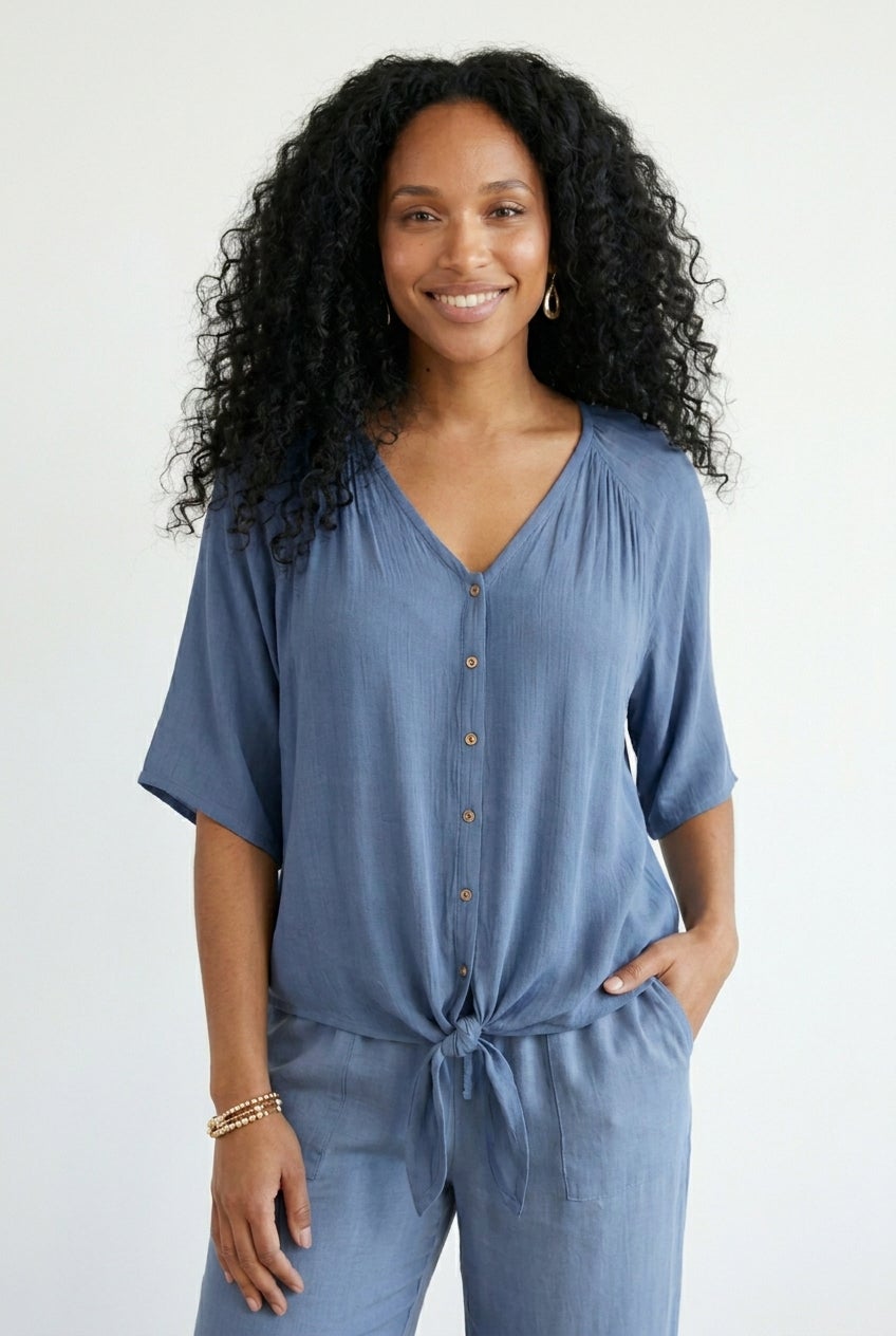 V-Neck Crinkle Tie-Front Elbow-Sleeve Blouse image number 0