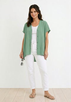 Linen-Blend V-Neck Button-Front Dolman Sleeve Oversized Tunic