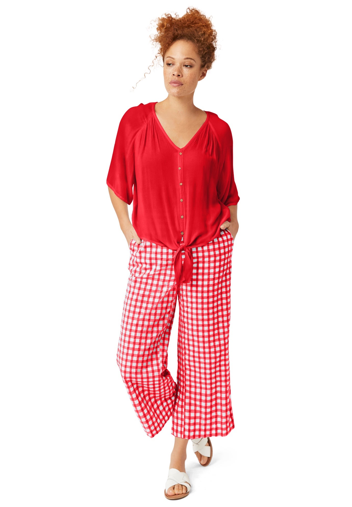 Gingham Back Elastic Wide Leg Crop Pants image number 0