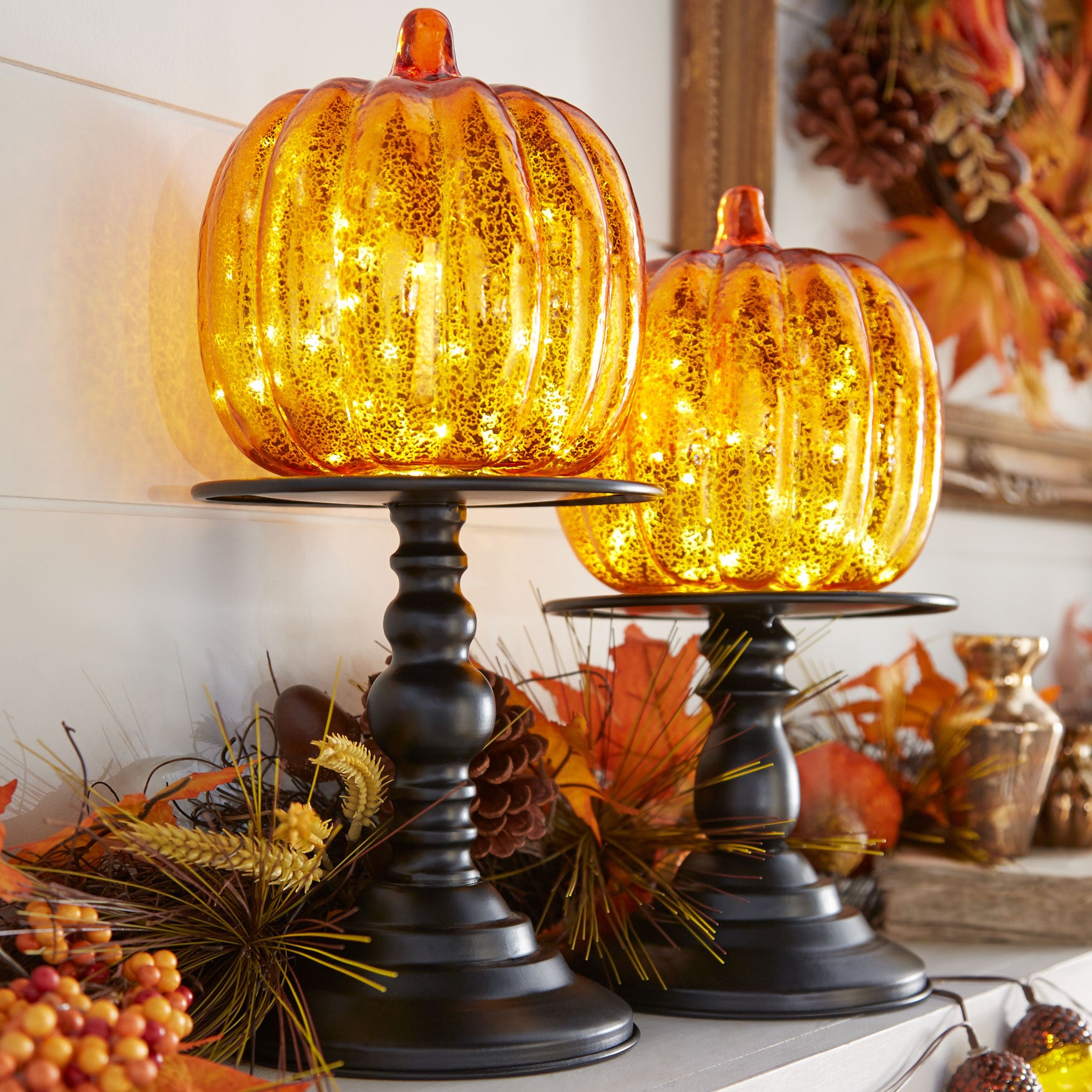 11"H x 6"Diam. Pre-Lit Mercury Glass Pumpkin on Metal Stand image number 0