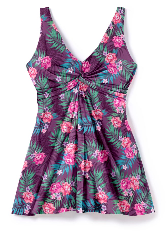 Twist-Front V-Neck Tummy Control A-Line Swim Dress image number 3