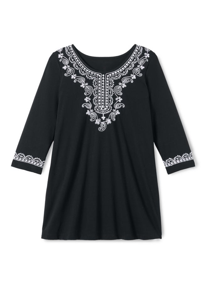 Embroidered Knit Tunic - Relaxed Fit Tunic, Black | Woman Within Embroidered Knit Tunic - Relaxed Fit Tunic, Black | Woman Within