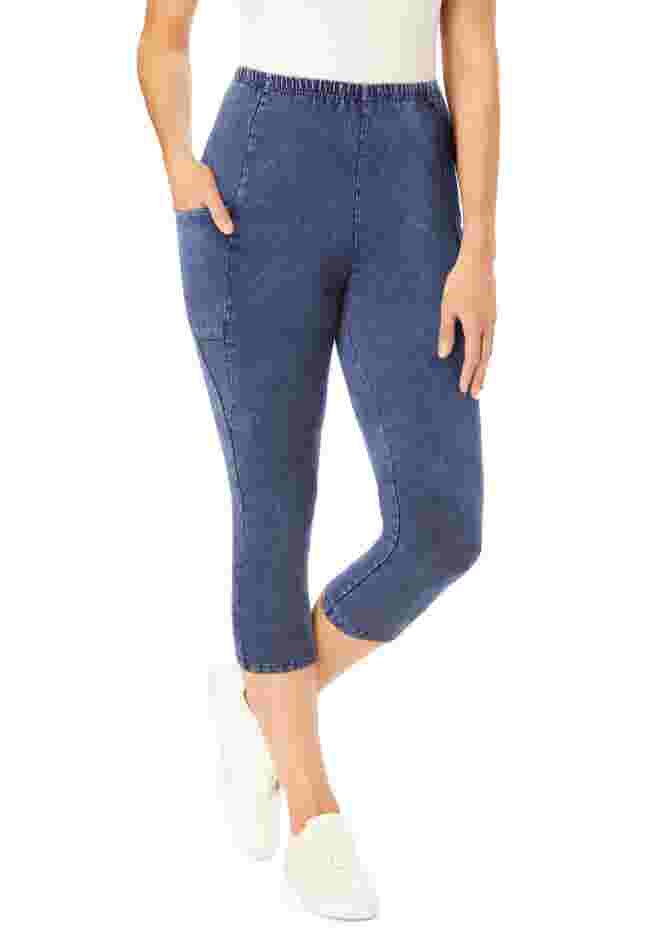 Womens Plus-Size Stretch-Cotton Knit Pull-On Pocket Capri Leggings image number 0