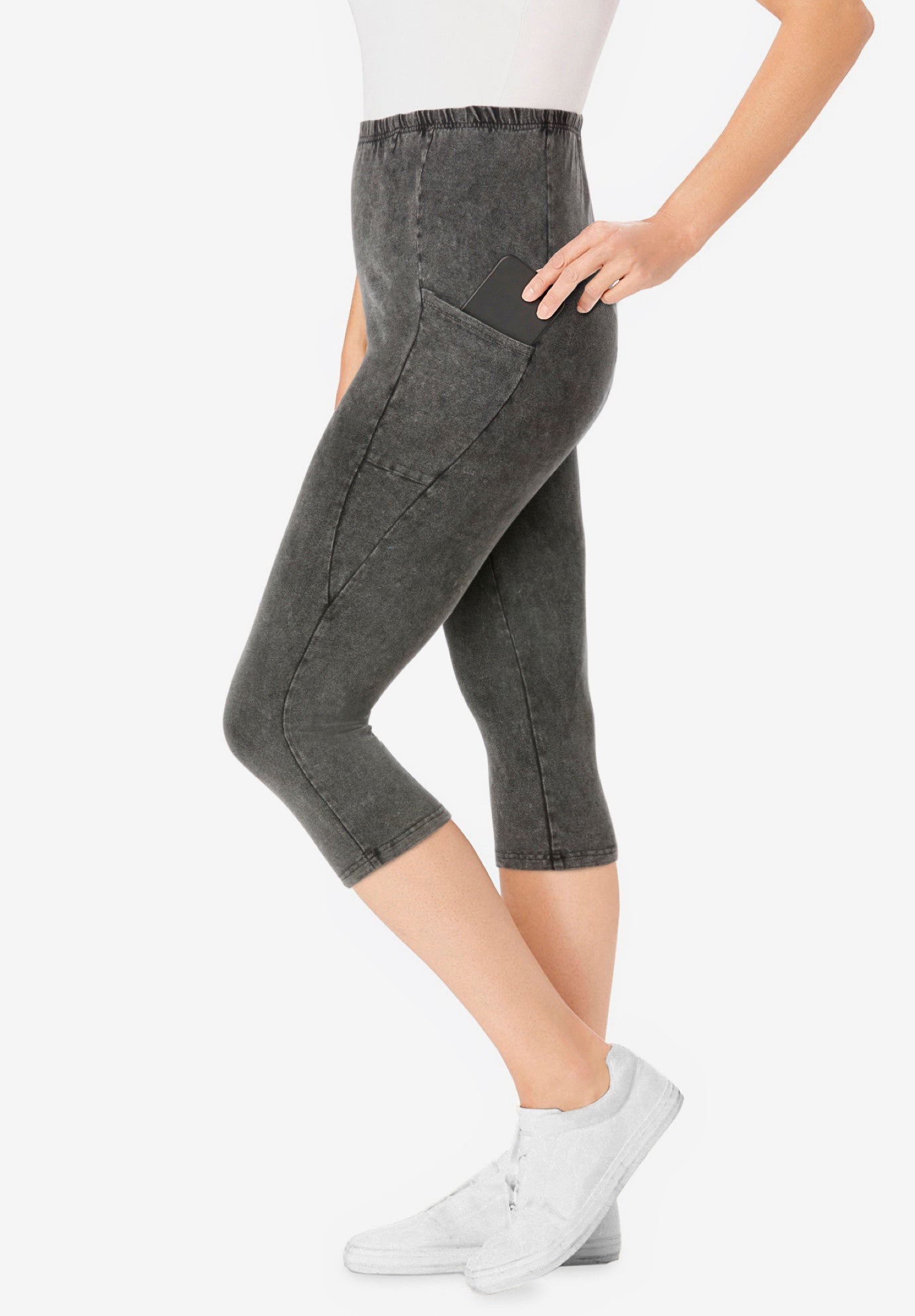 Stretch-Cotton Knit Pull-On Pocket Capri Leggings image number 2