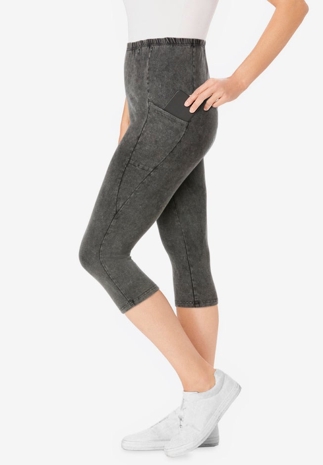 Stretch-Cotton Knit Pull-On Pocket Capri Leggings image number 2