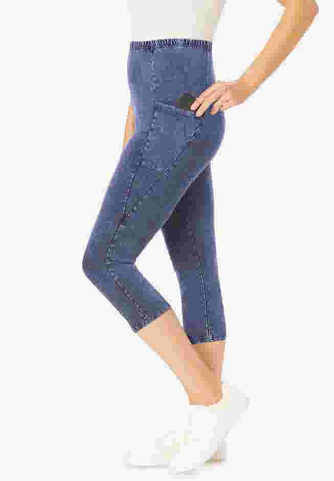 Womens Plus-Size Stretch-Cotton Knit Pull-On Pocket Capri Leggings image number 2