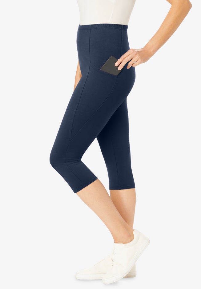 Stretch-Cotton Knit Pull-On Pocket Capri Leggings image number 2