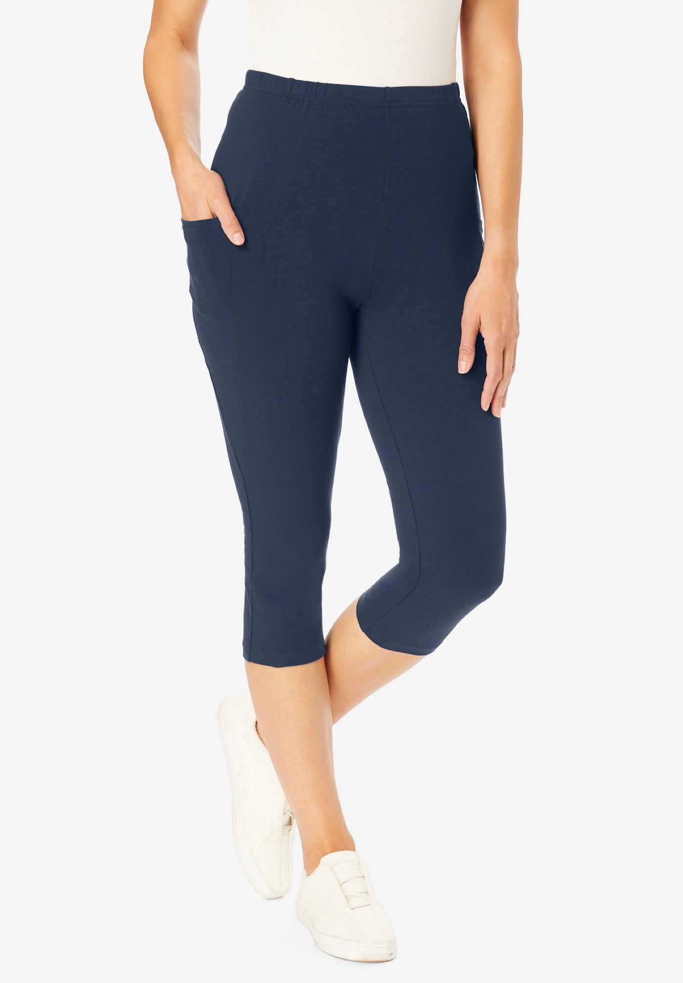Stretch-Cotton Knit Pull-On Pocket Capri Leggings image number 0