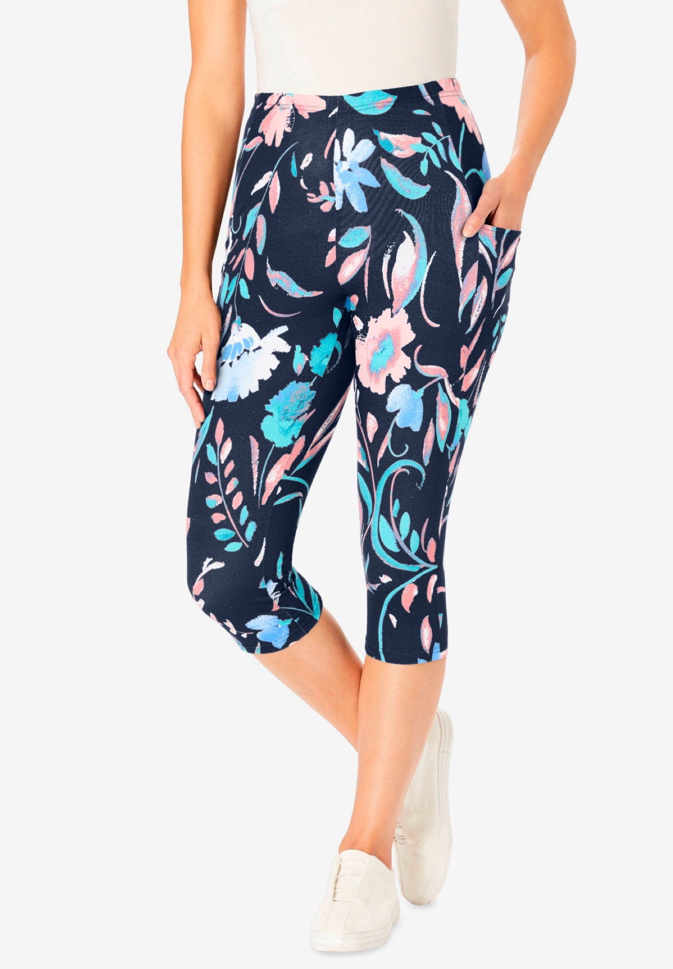 Stretch-Cotton Knit Pull-On Pocket Capri Leggings image number 0