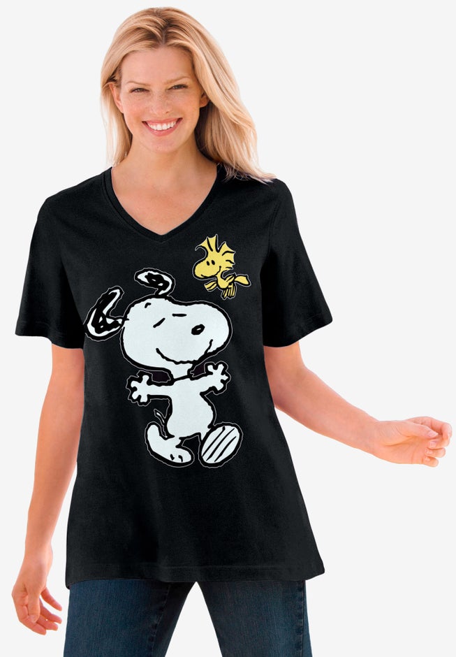 Peanuts Black Snoopy Woodstock V-neck Tee image number 0