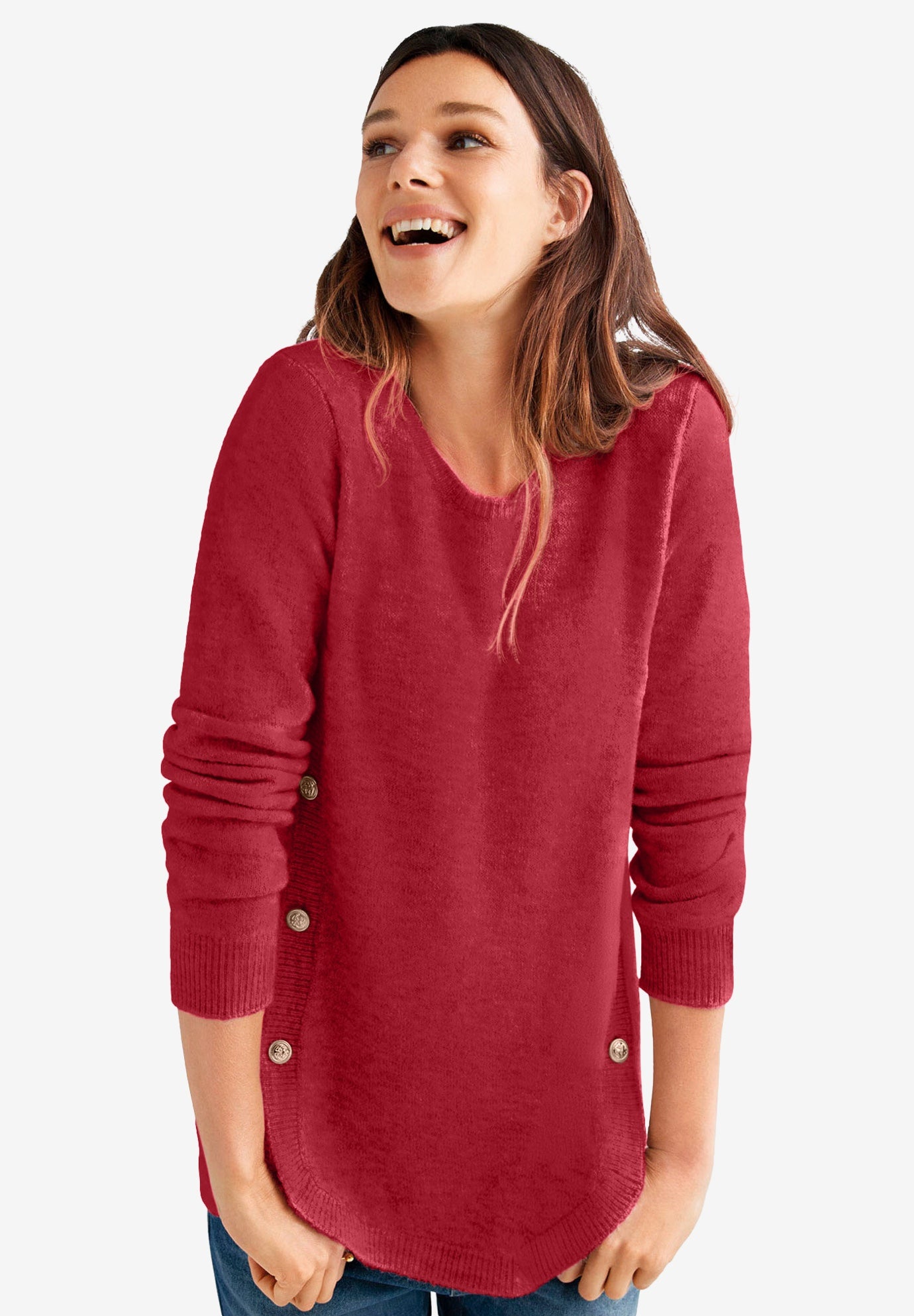 Stretch Scoop Neck Curved Hem With Buttons Pullover Sweater image number 0