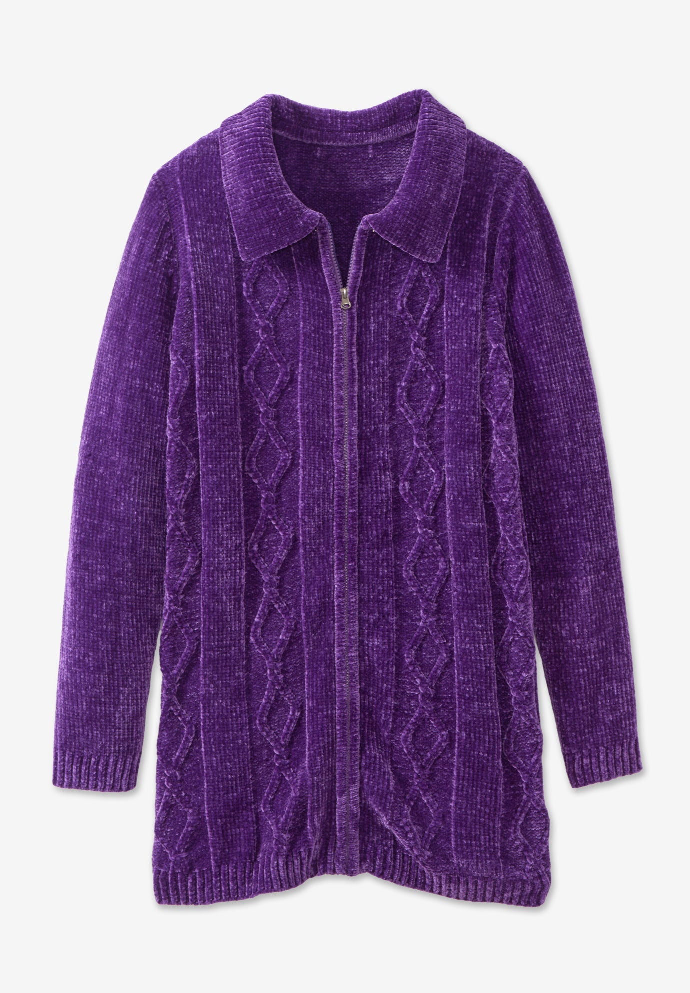 Chenille Zip Cable Cardigan - Plus Size, Black | Woman Within