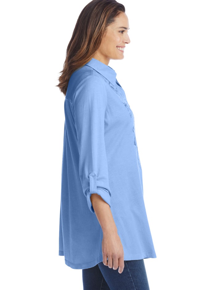 Button-Front Embroidered Tunic image number 2