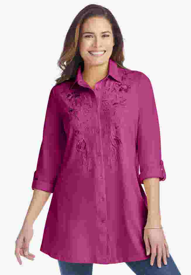 Button-Front Embroidered Tunic image number 0