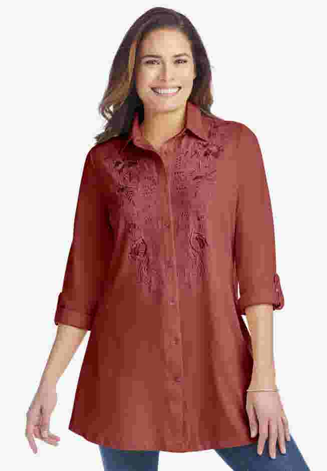 Button-Front Embroidered Tunic image number 0