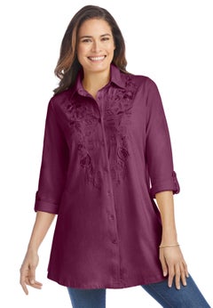 Button-Front Embroidered Tunic