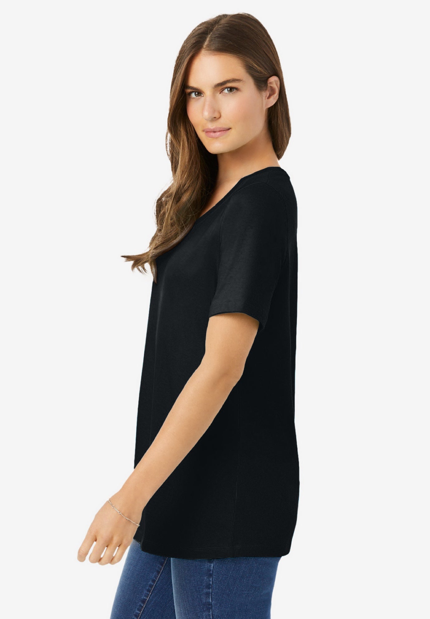 Soft Scoopneck Tee - Relaxed Short-Sleeve, Black | Woman Within