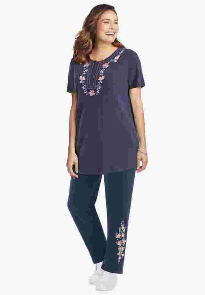Women’s Plus-Size 7-Day Knit Embroidered Straight-Leg Pull-On Pants image number 0
