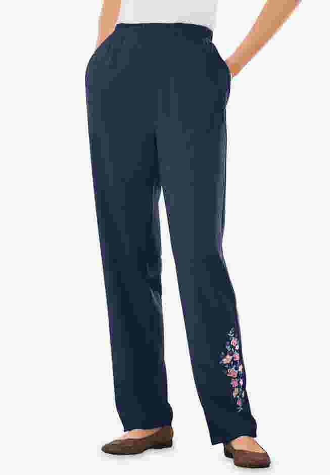 Women’s Plus-Size 7-Day Knit Embroidered Straight-Leg Pull-On Pants image number 1