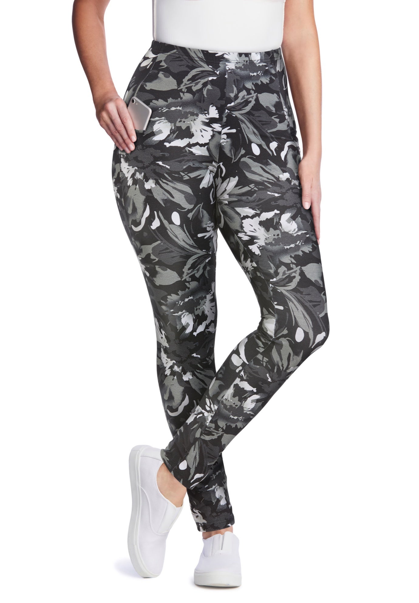 Stretch-Cotton Knit Pull-On Printed Pocket Leggings image number 0