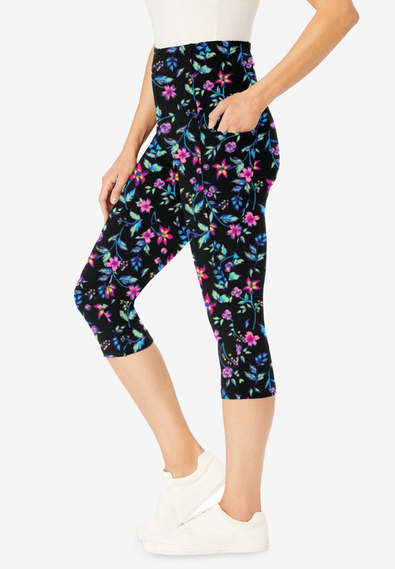 Stretch-Cotton Knit Pull-On Printed Pocket Capri Leggings image number 2