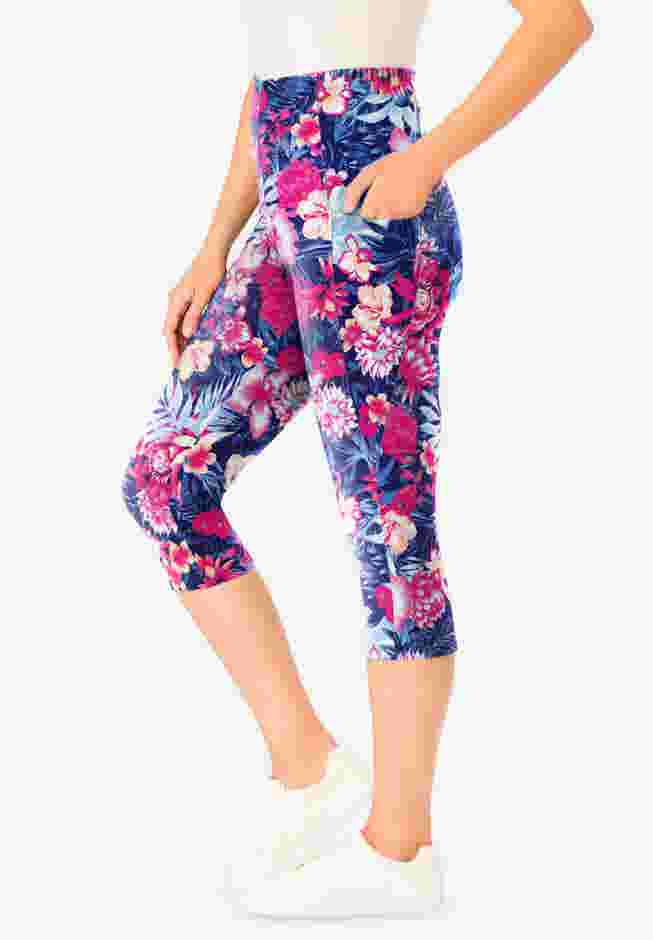 Women’s Plus-Size Stretch-Cotton Knit Pull-On Printed Pocket Capri Leggings image number 2