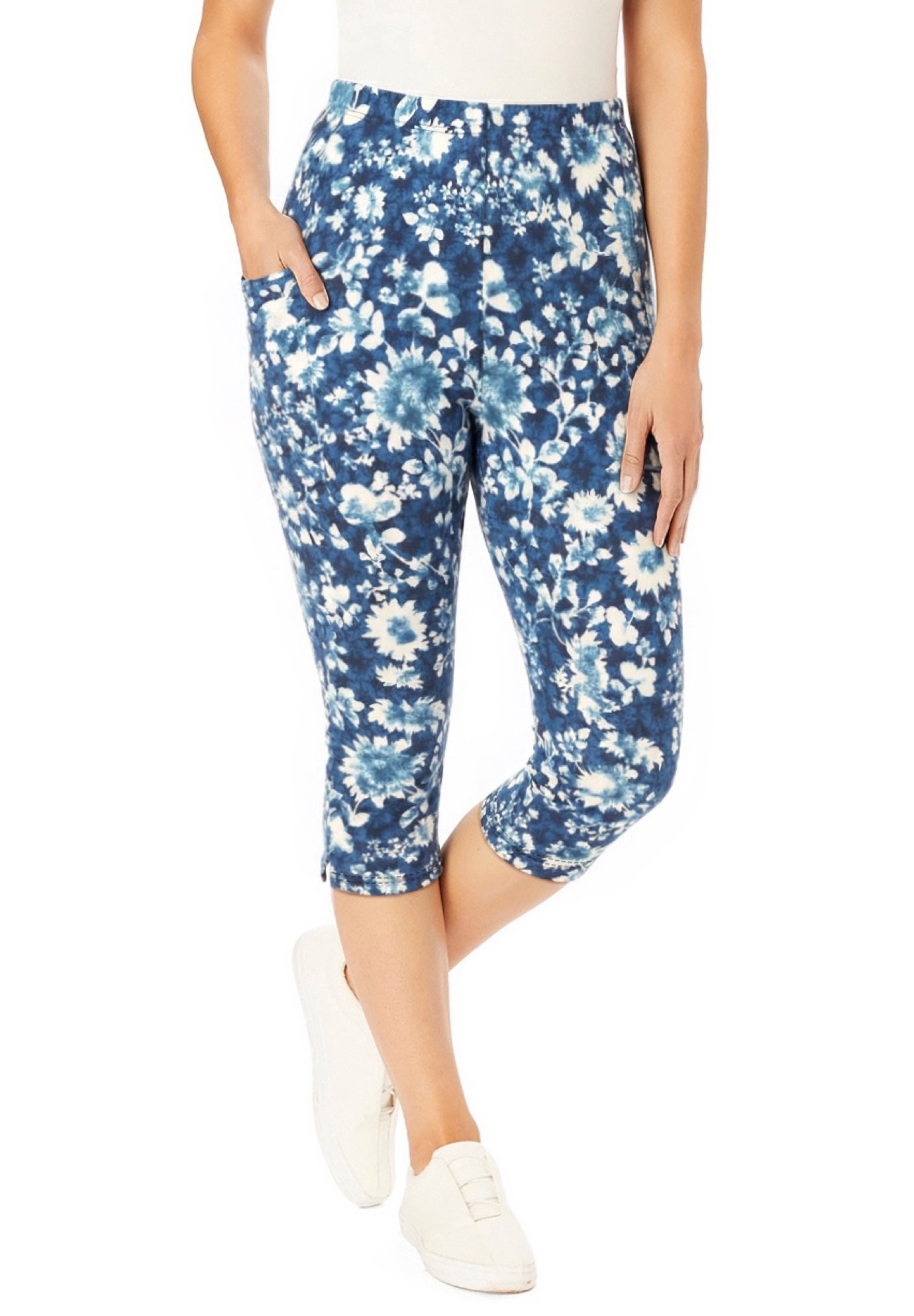 Stretch-Cotton Knit Pull-On Printed Pocket Capri Leggings image number 0