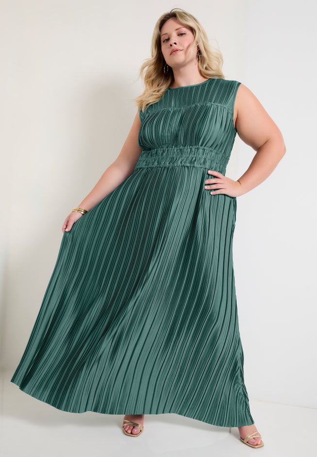 Boatneck Plisse Cap-Sleeve Maxi Dress image number 3