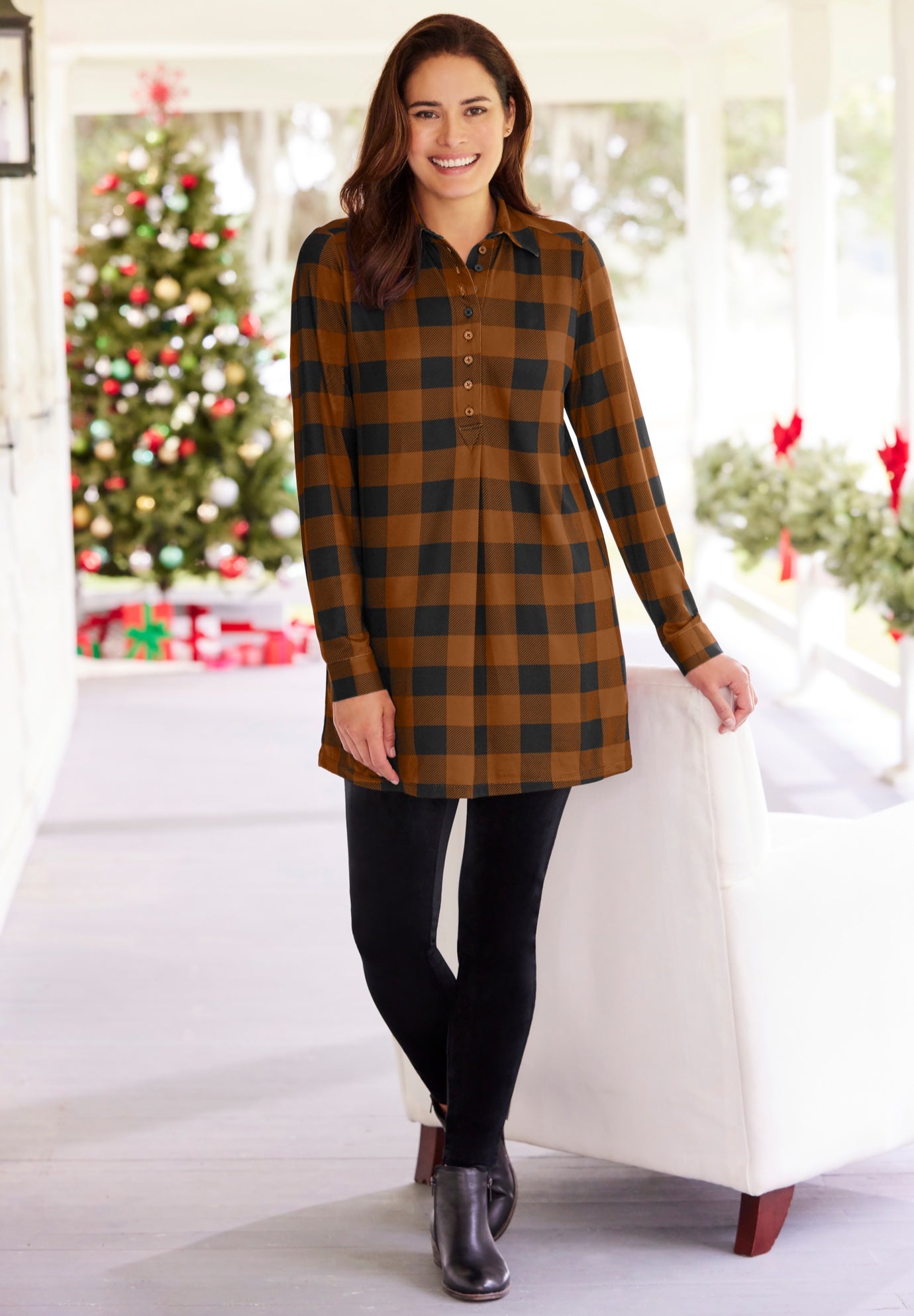 Plaid Knit Tunic With Collar image number 0