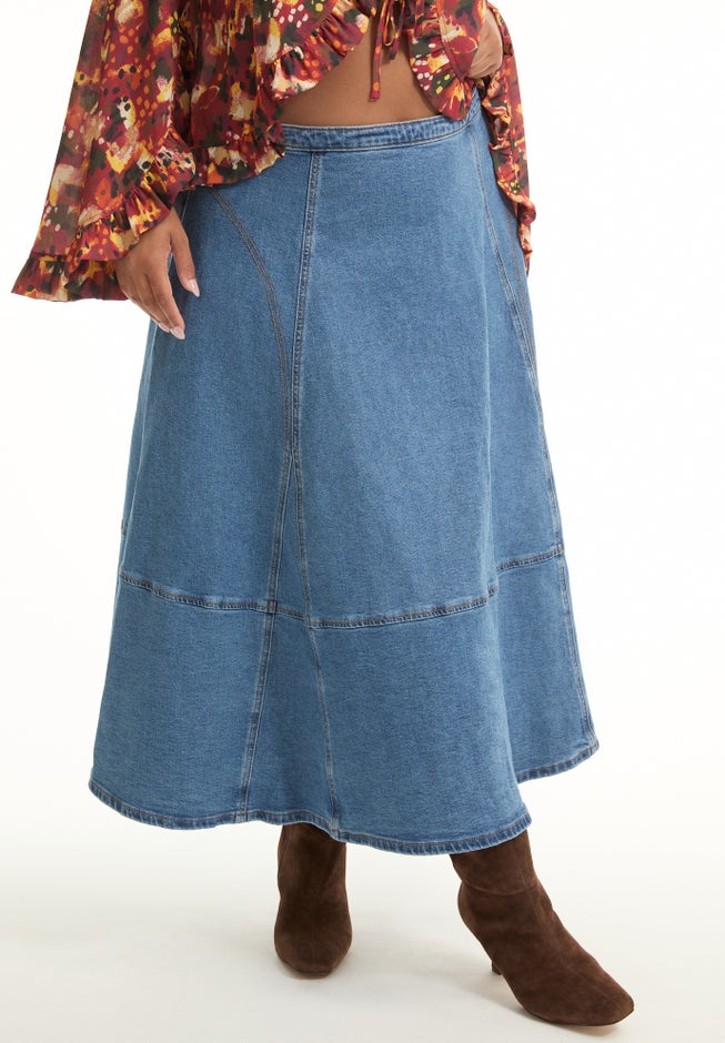Fit-And-Flare Denim Midi Skirt image number 3