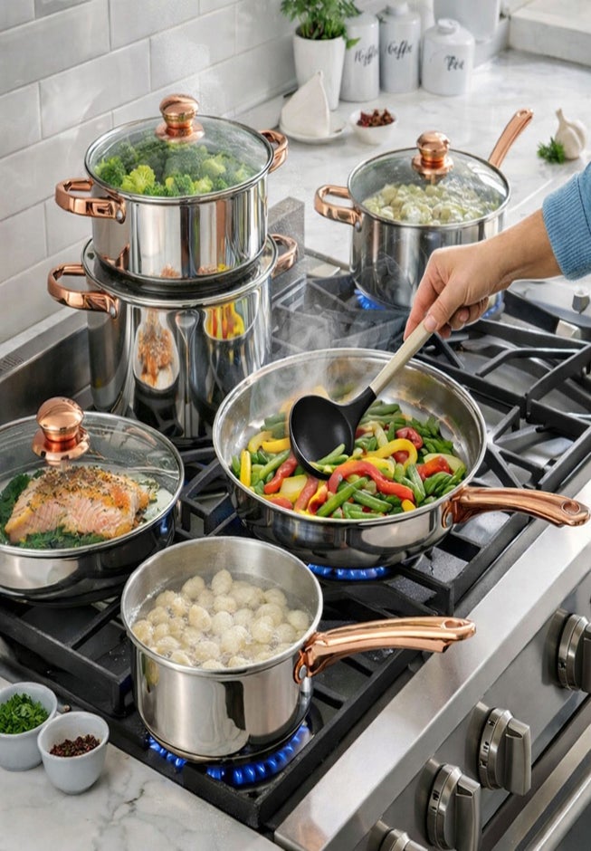 18-Piece Copper Accent Stainless Steel Cookware Set image number 1