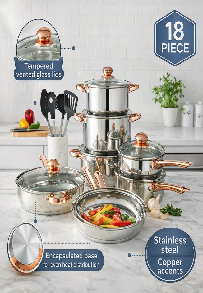 18-Piece Copper Accent Stainless Steel Cookware Set image number 2