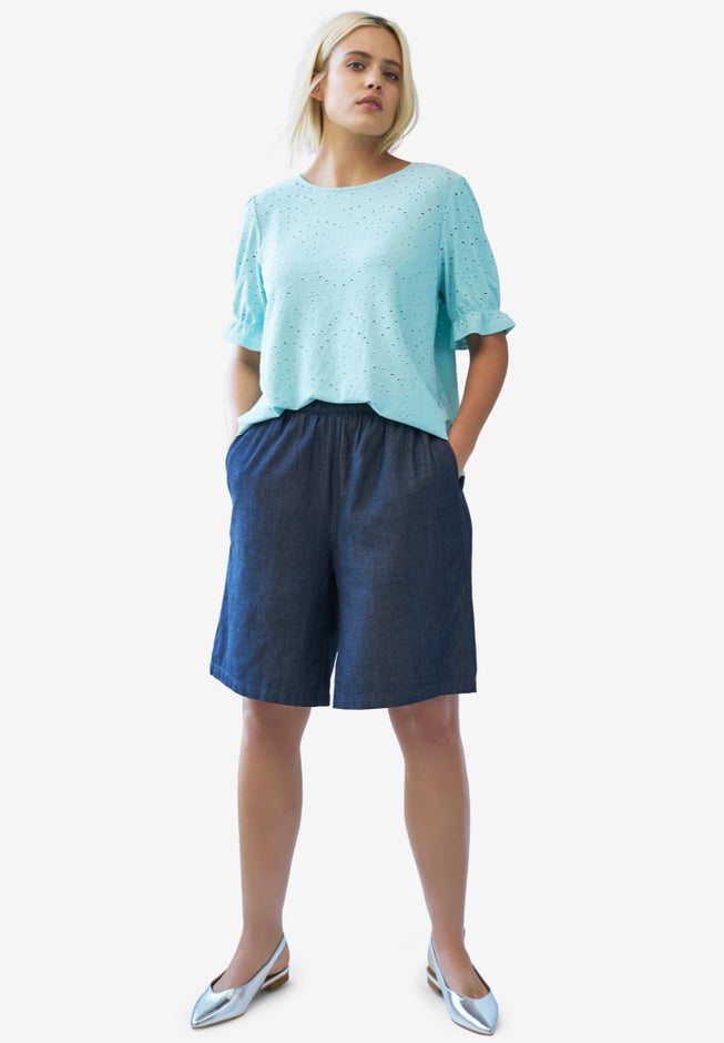 Elastic Waist Pull-On Denim Shorts image number null