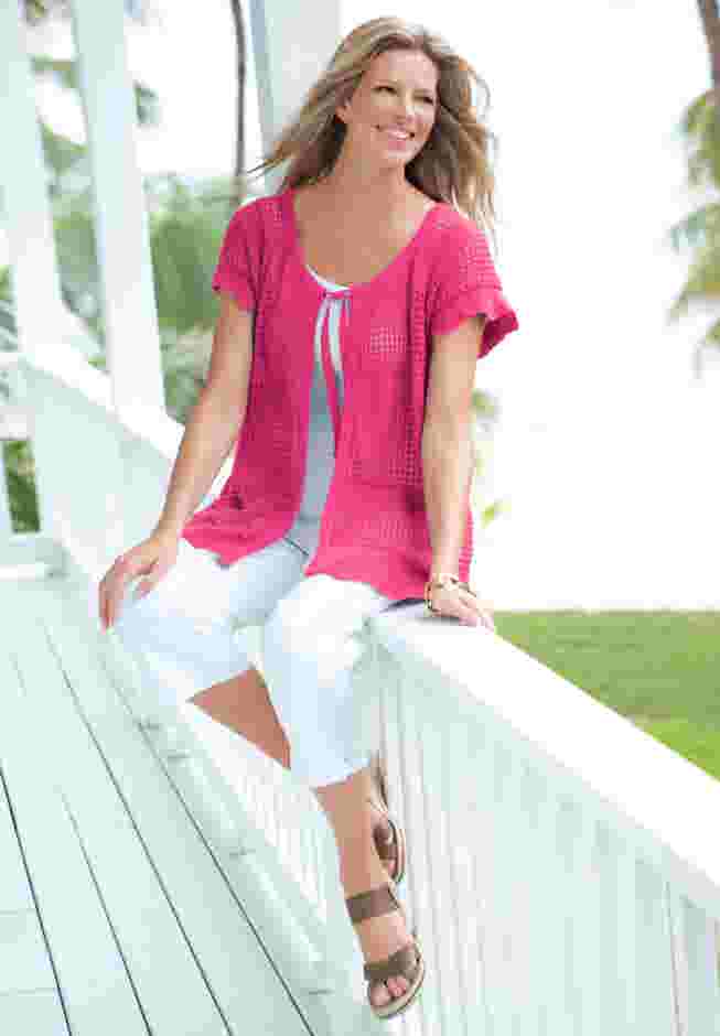 Tie-Neck Pointelle Cardigan Sweater image number 5