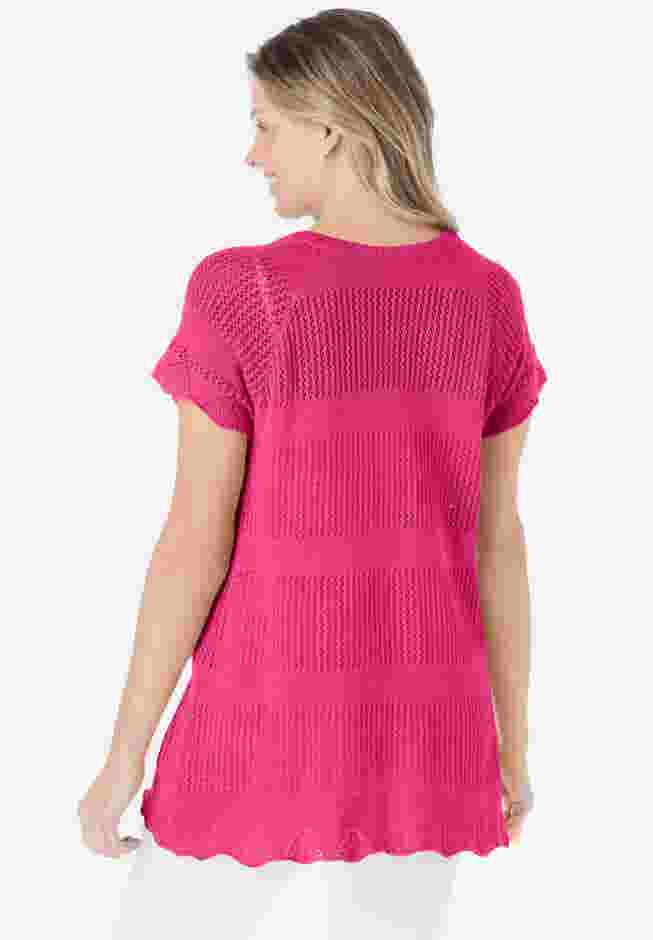 Tie-Neck Pointelle Cardigan Sweater image number 1