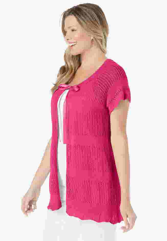 Tie-Neck Pointelle Cardigan Sweater image number 2