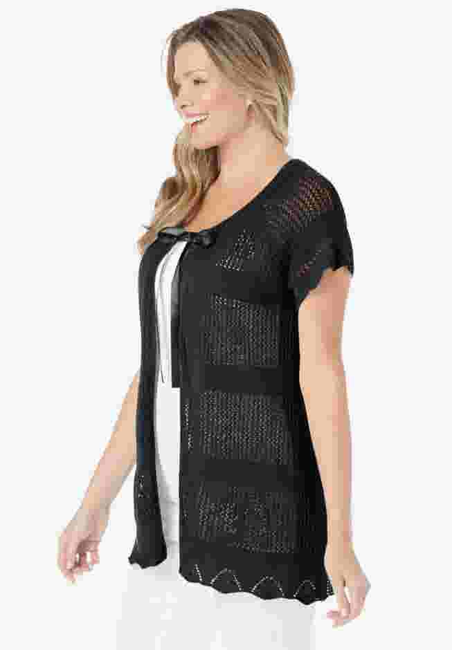 Tie-Neck Pointelle Cardigan Sweater image number 2