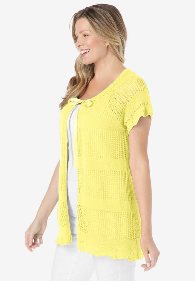 Tie-Neck Pointelle Cardigan Sweater image number 2