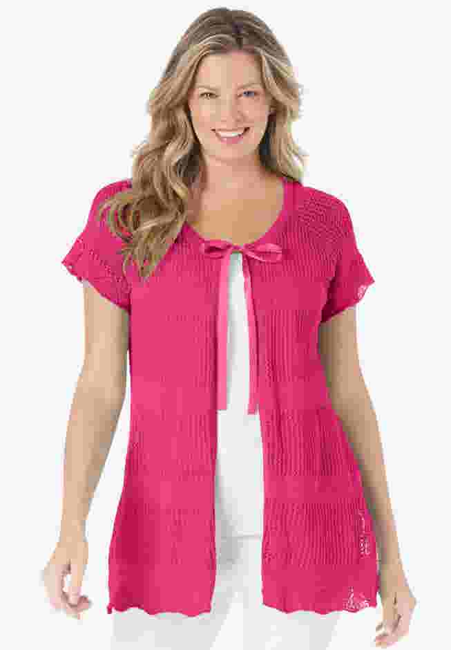 Tie-Neck Pointelle Cardigan Sweater image number 0