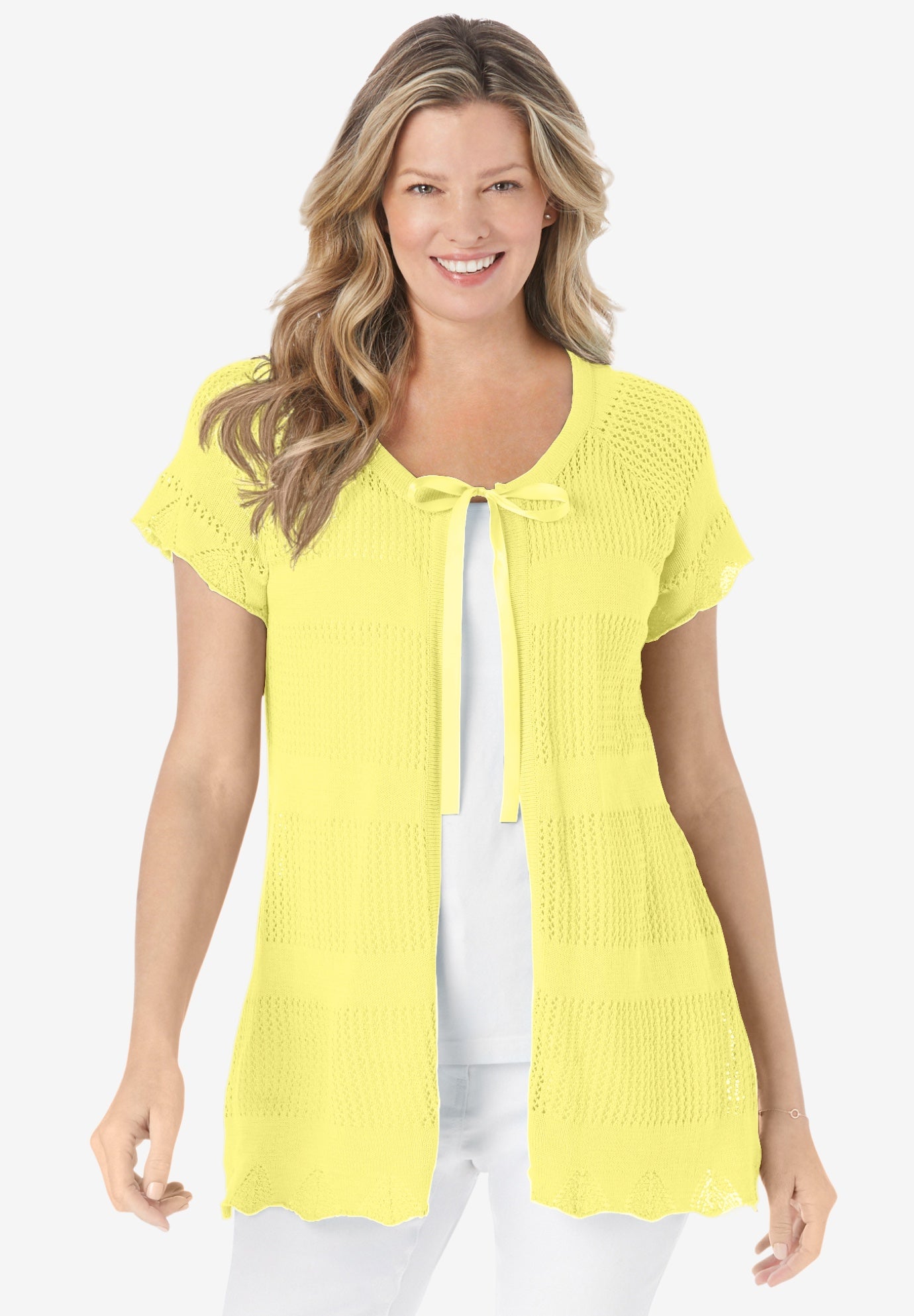 Tie-Neck Pointelle Cardigan Sweater image number 0