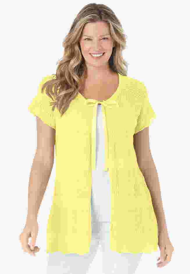 Tie-Neck Pointelle Cardigan Sweater image number 0