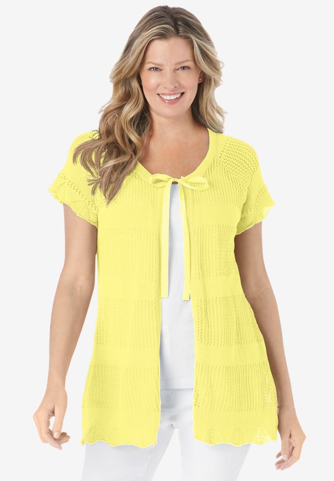 Tie-Neck Pointelle Cardigan Sweater image number 0