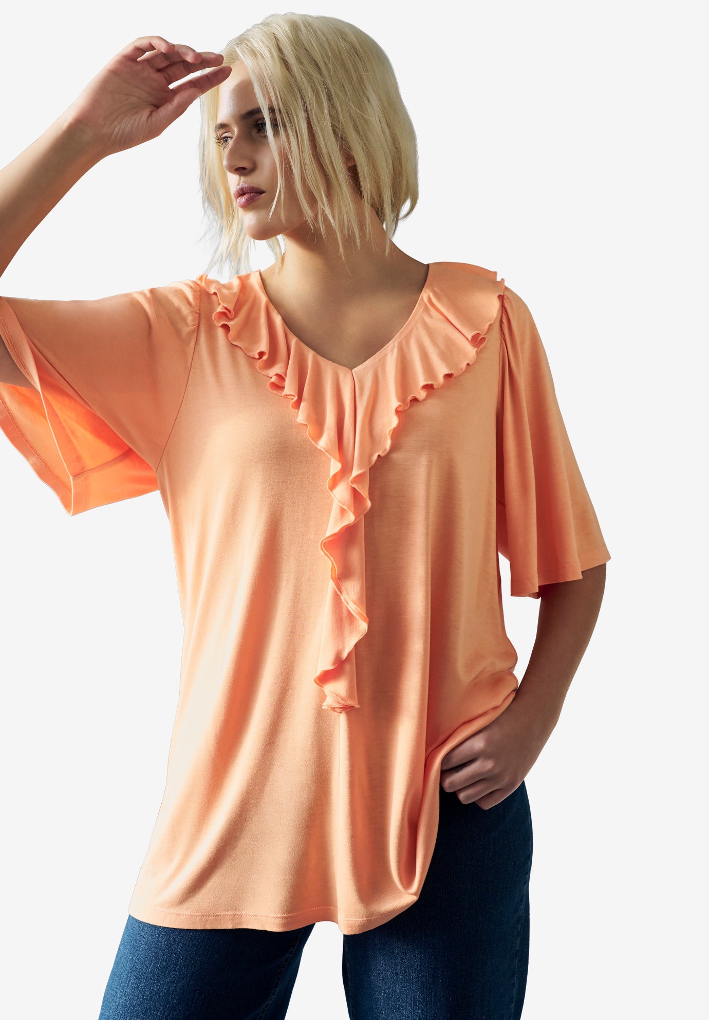 Ruffle Neckline Flutter Sleeve Tunic image number 0