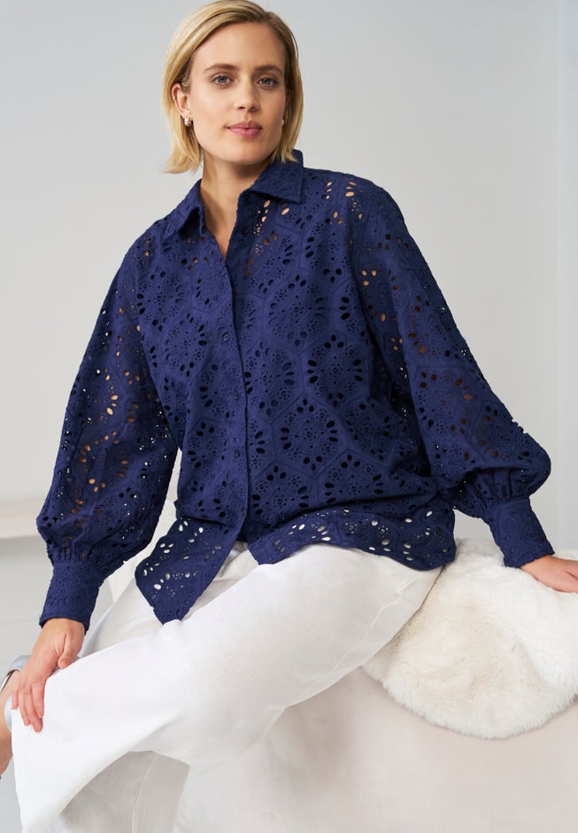 Eyelet Button Front Shirt With Blouson Sleeves image number 2