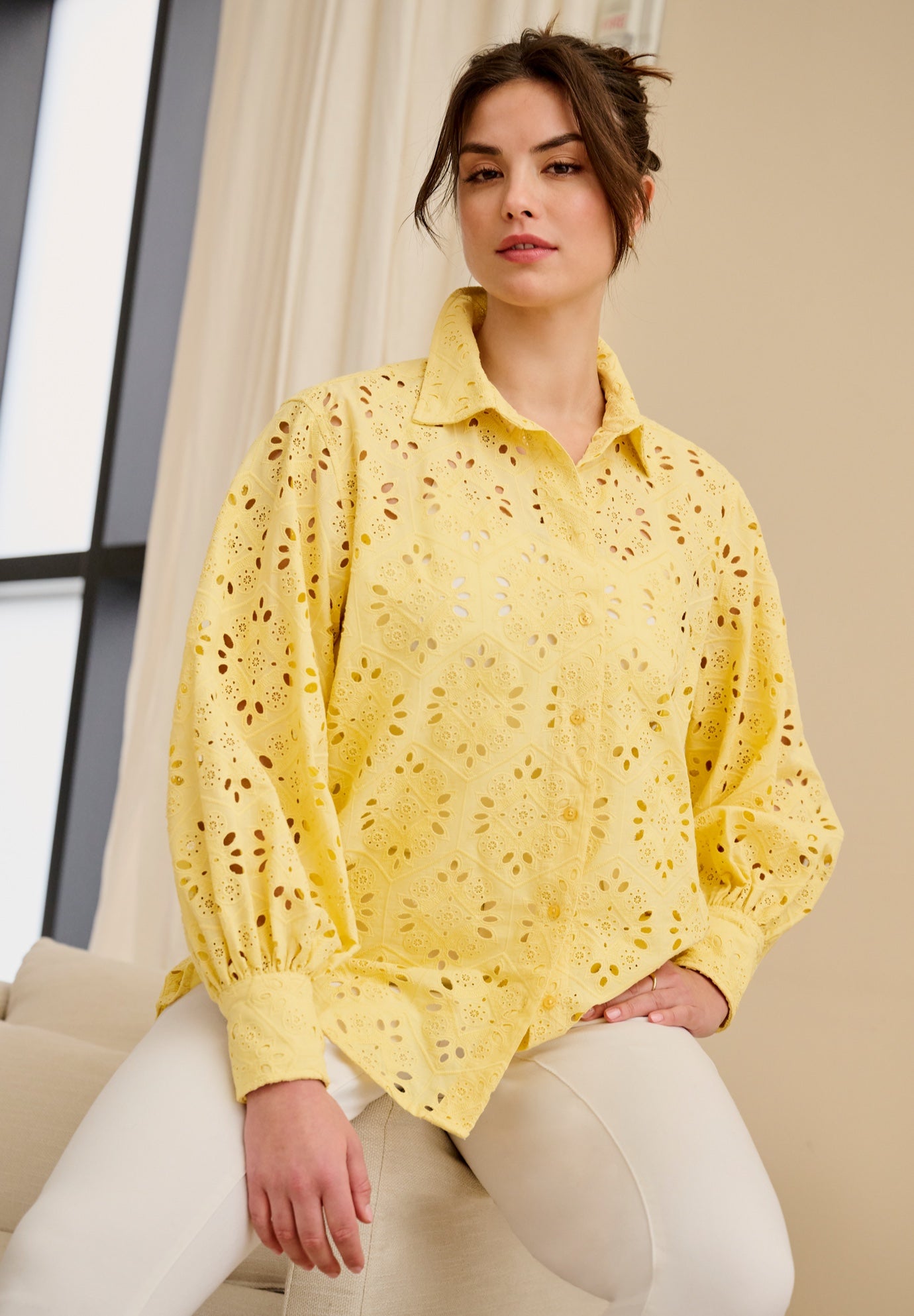 Eyelet Button Front Shirt With Blouson Sleeves image number 4
